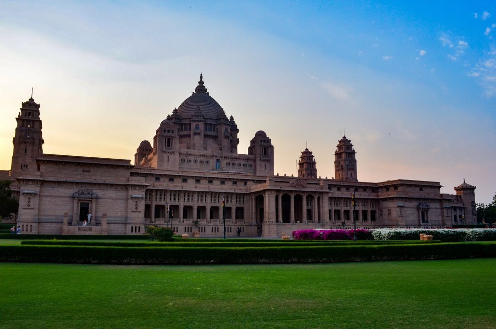 Majestic view of the Umaid Bhawan palace and hotel against a setting sun in Jodhpur, Rajasthan, India